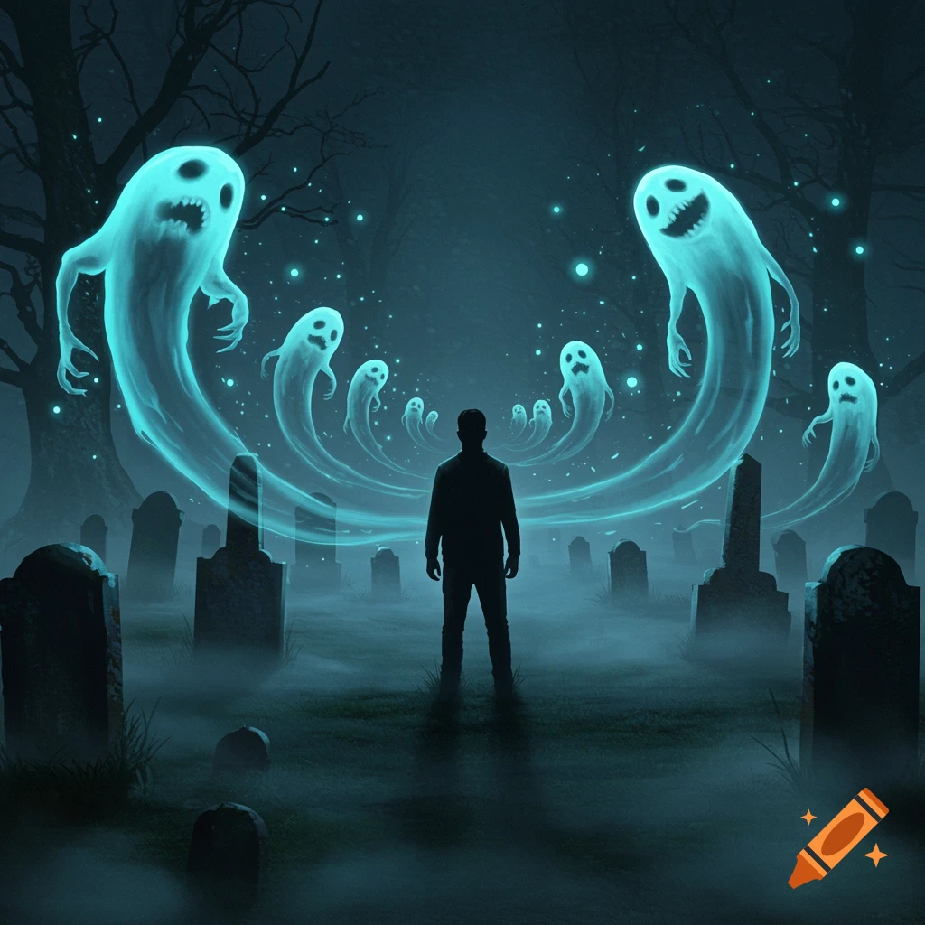 A man stands in a misty graveyard at night, surrounded by glowing, stylized ghosts in a digital art style.