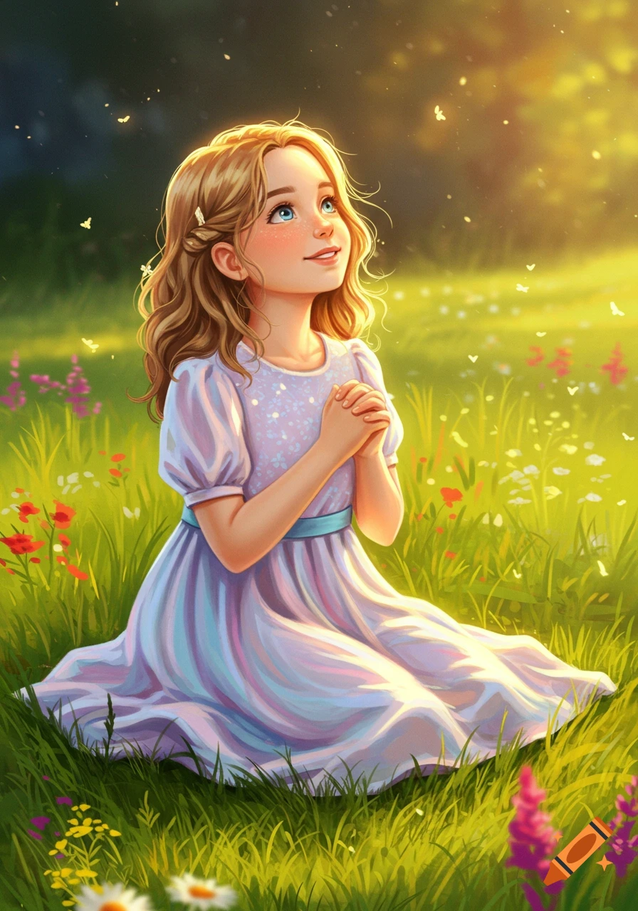 A cute cartoon girl with blonde hair and blue eyes, wearing a purple dress, kneels in a sunny meadow with flowers, looking up.