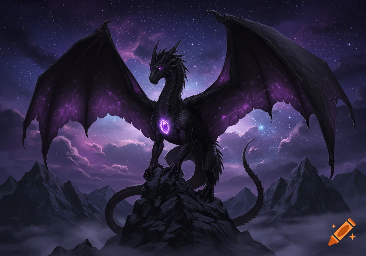 A majestic black dragon with purple glowing eyes and a glowing purple gem on its chest stands on a rocky peak under a starry night sky with purple clouds.