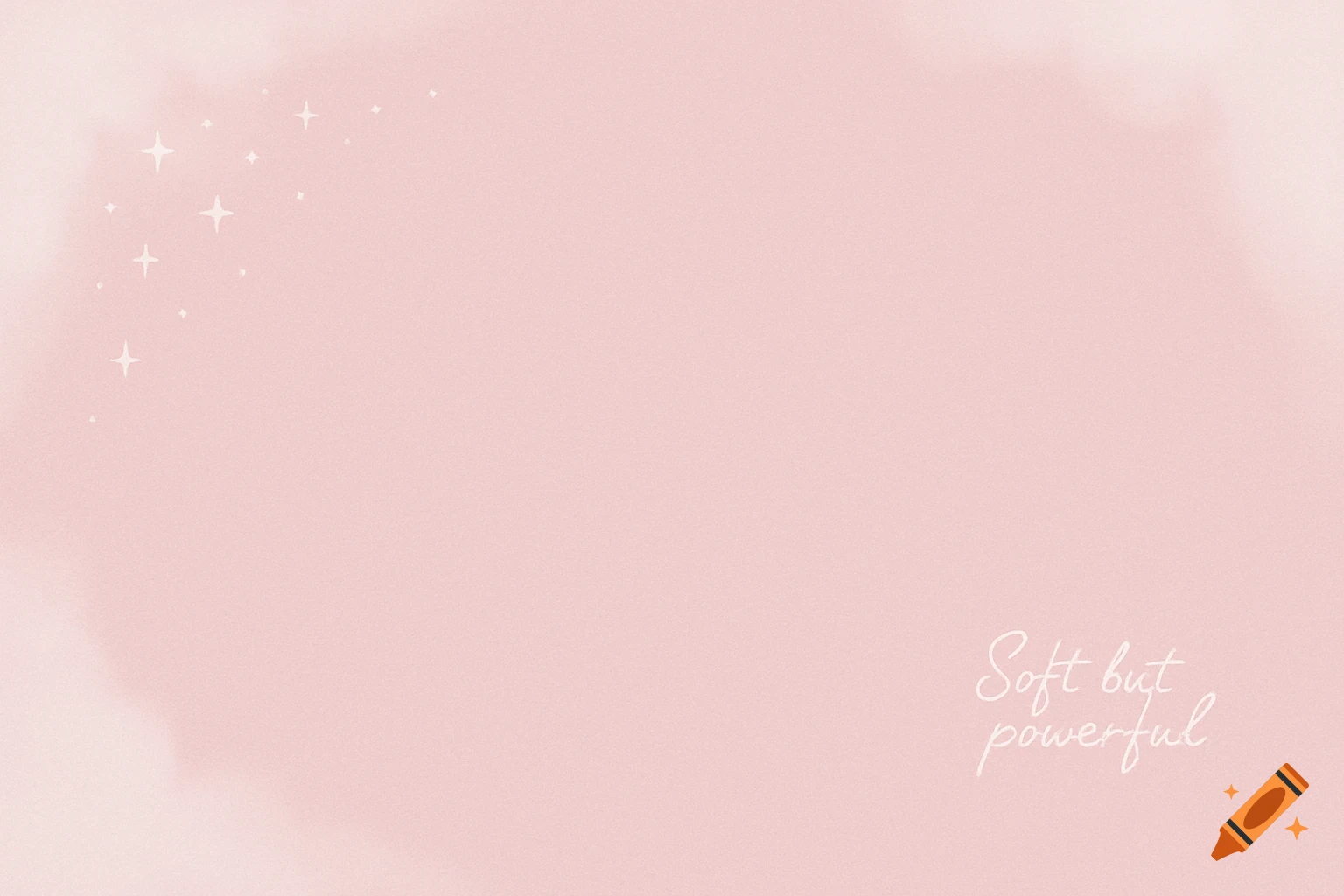 A soft pastel pink background with faint white cloud-like gradients, tiny white stars in the top left, and the white cursive text 'Soft but powerful' in the bottom right.