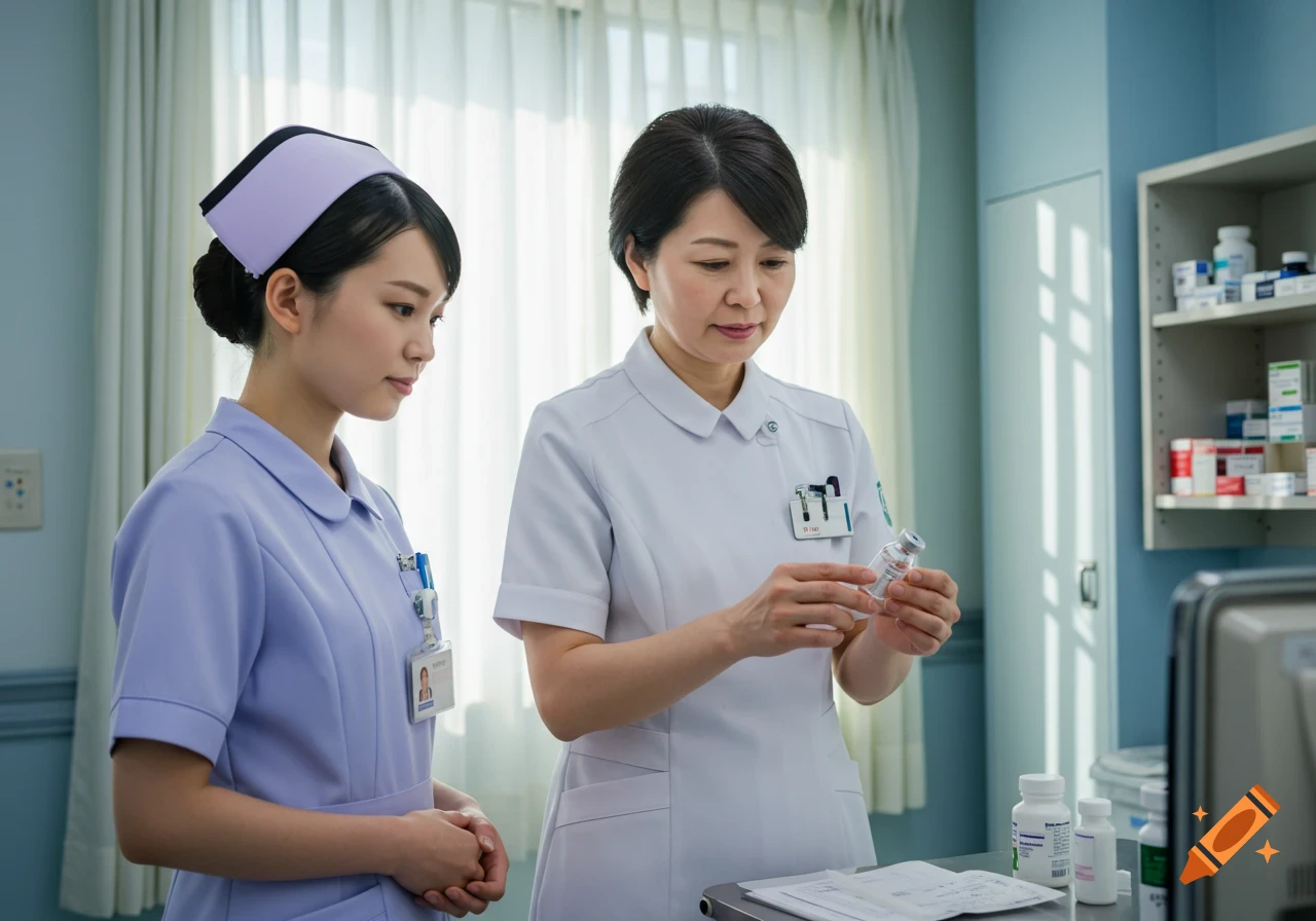 Two Japanese nurses, one older, one younger, are in a brightly lit medical room. The older nurse in white holds a small vial while the younger nurse in lavender watches.