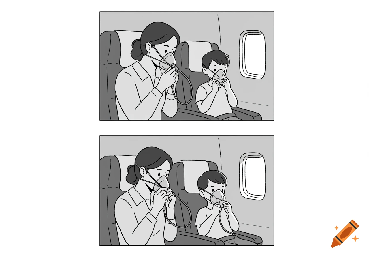 Black and white cartoon of a woman and child putting on oxygen masks in an airplane.
