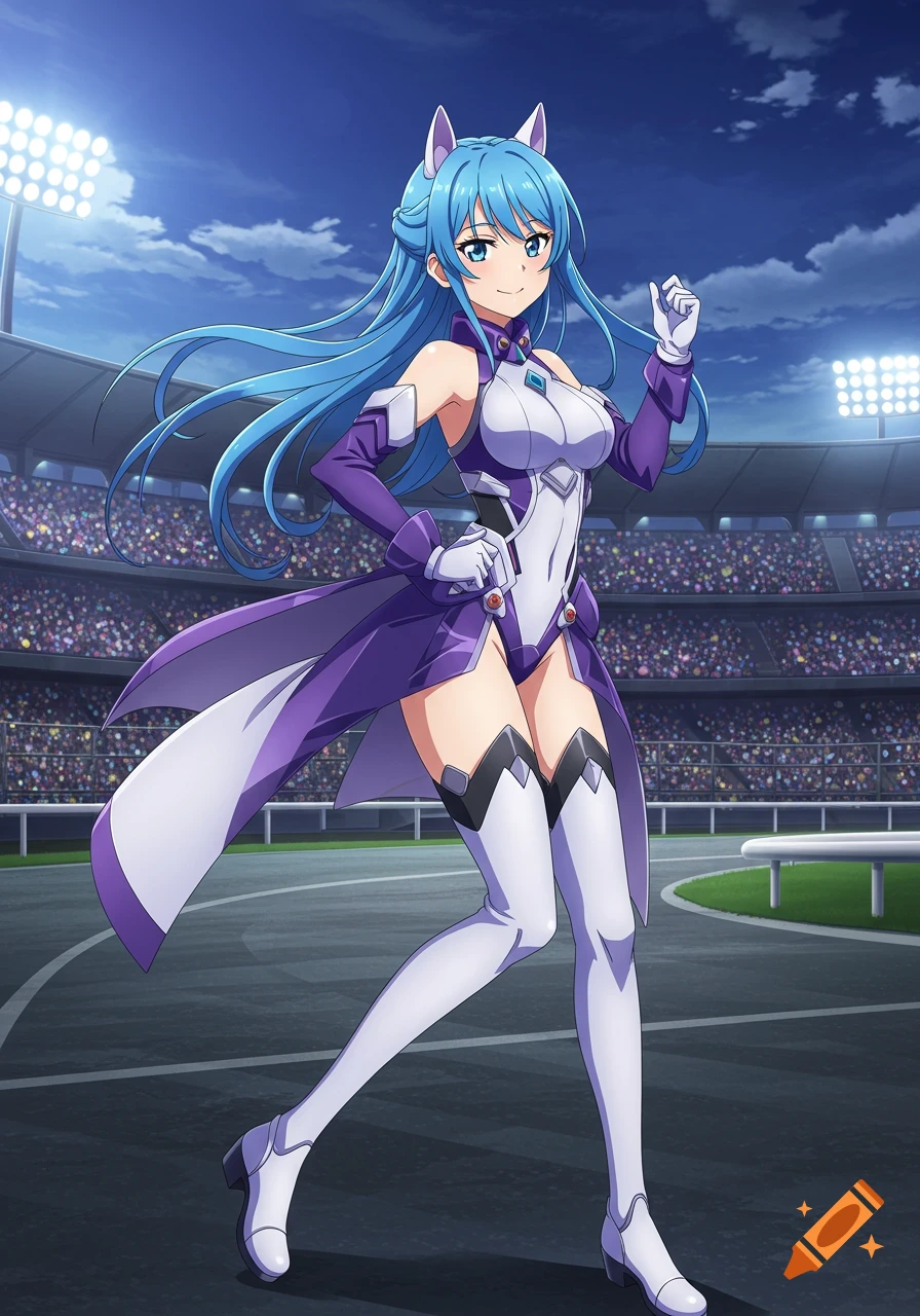 An anime girl with long blue hair and white cat-like ears in a purple and white racing suit on a stadium racetrack.