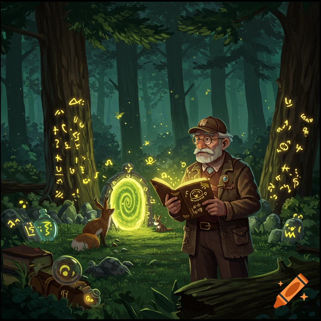 An old man with a beard and glasses reads a glowing book in a mystical forest, surrounded by glowing runes, a swirling portal, and forest creatures.