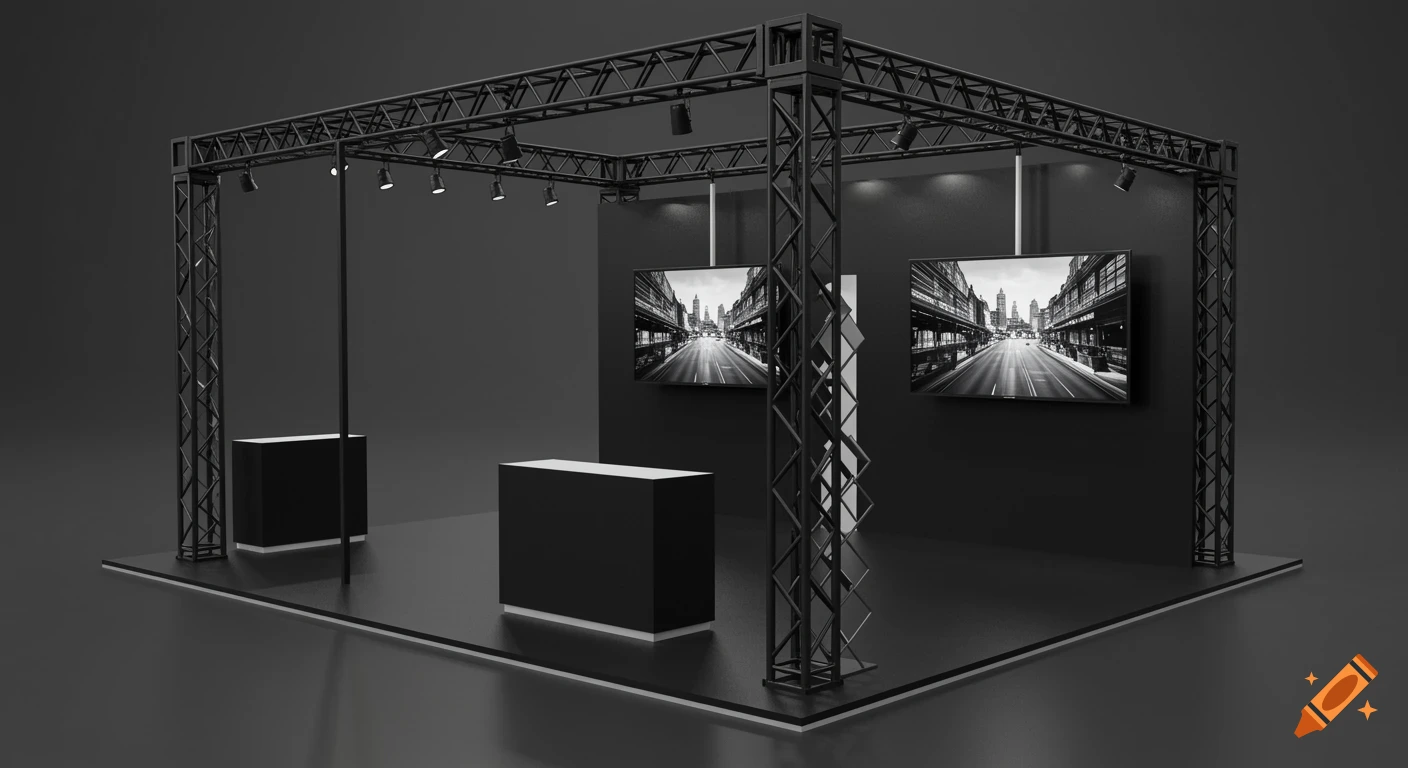 A black exhibition stand with metal trusses, two large monitors displaying cityscapes, and black counters on a dark grey background.