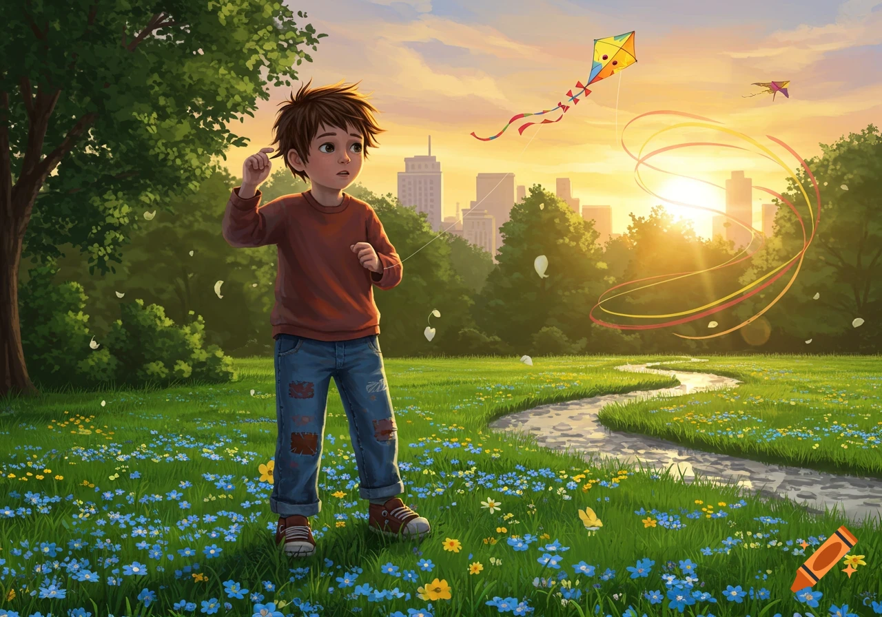 A cartoon boy stands in a grassy park, flying a colorful kite against a city skyline at sunset.
