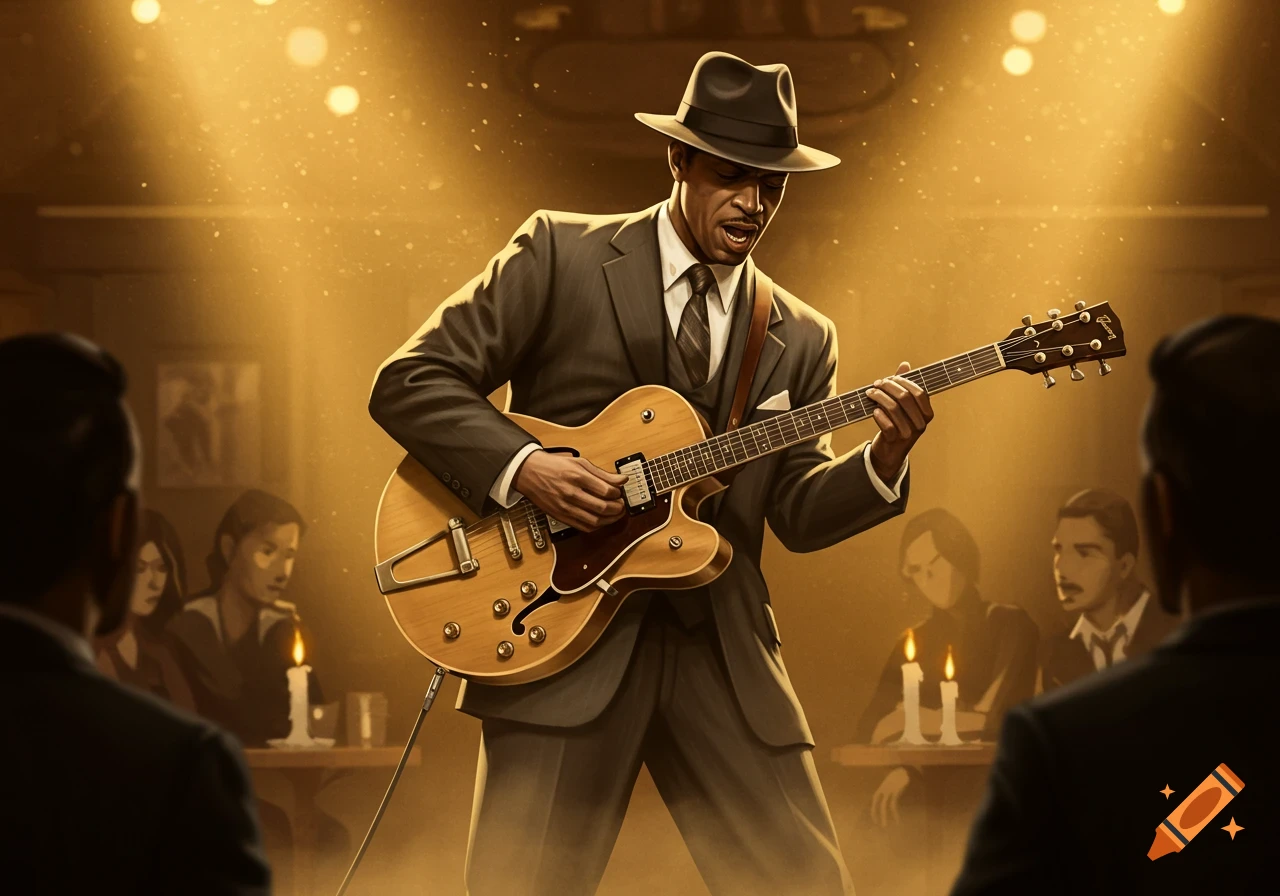 A man in a suit and hat plays a hollow-body electric guitar on stage under golden spotlights in a dimly lit jazz club.