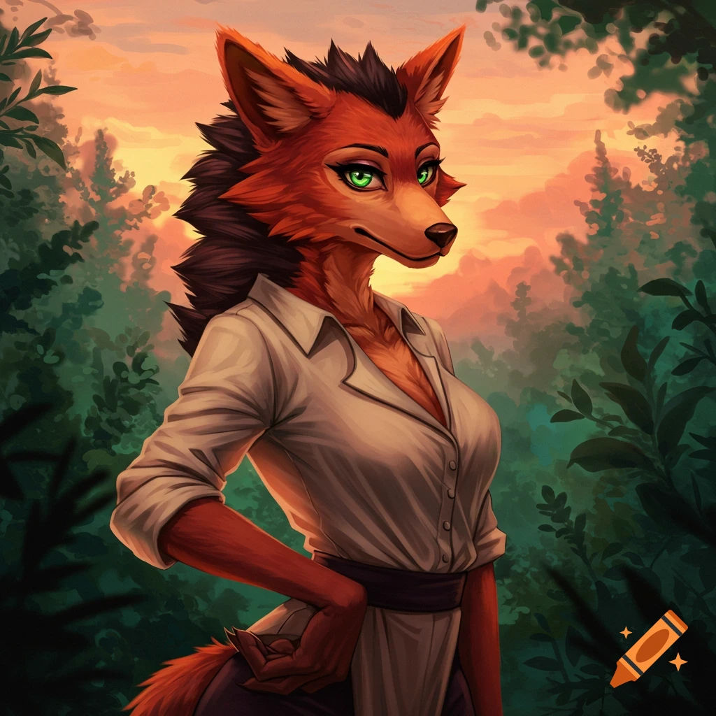 Stylized portrait of an anthropomorphic fox with green eyes, wearing a white shirt, against a sunset forest background.