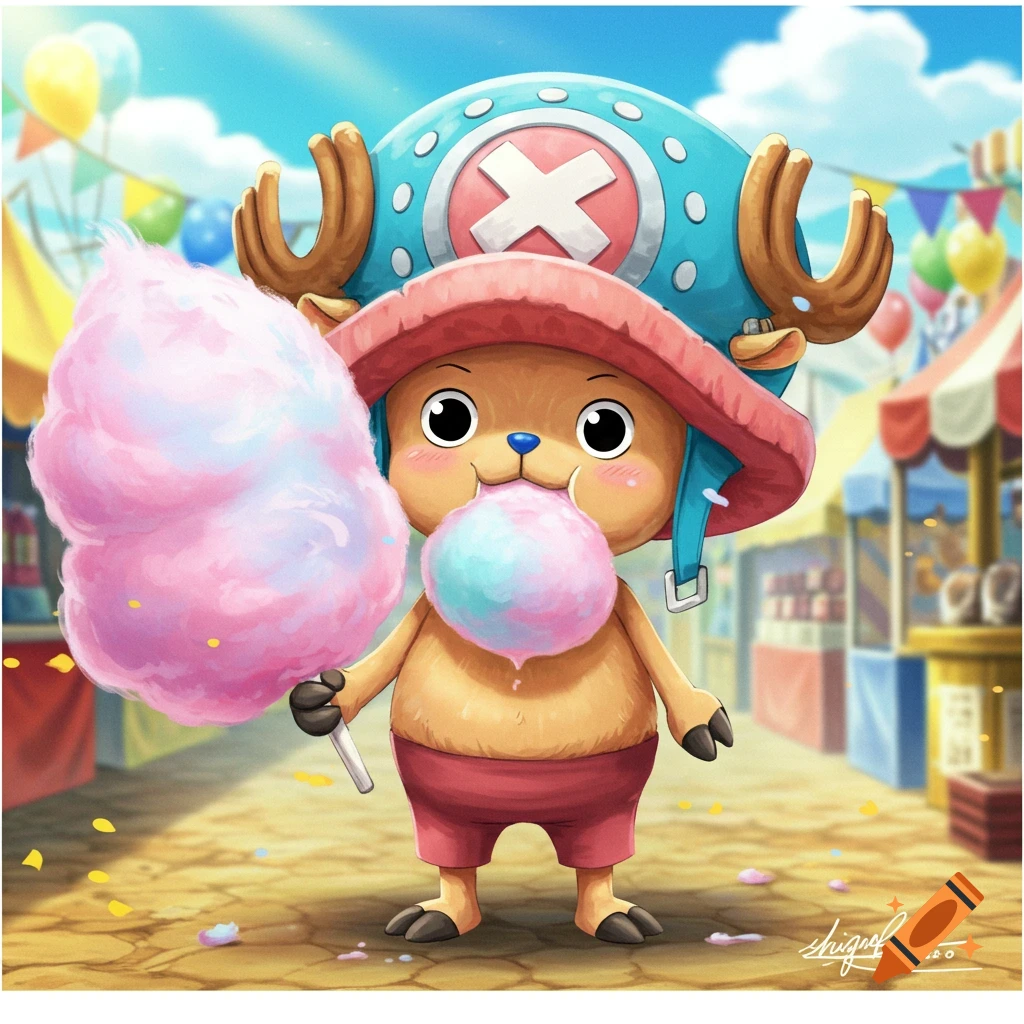 Cute anime character Tony Tony Chopper eating pink and blue cotton candy at a sunny carnival.