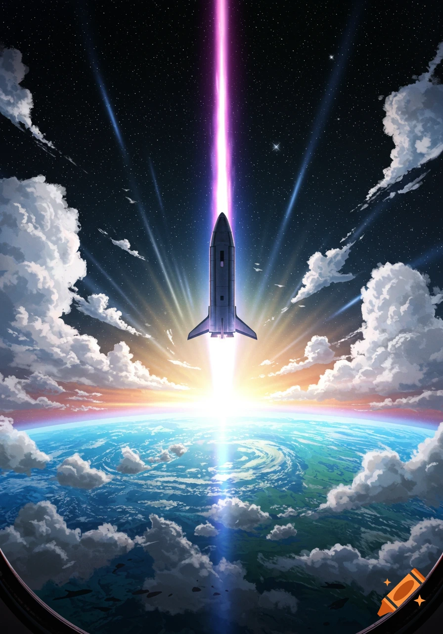 A sleek rocket zooms from Earth into starry space, leaving a bright light trail through vibrant clouds. Animated style.