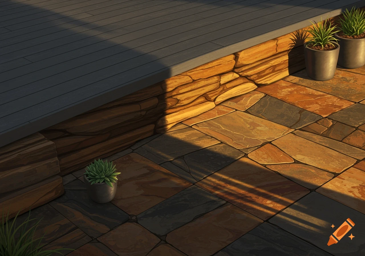 A grey wooden deck and a patterned stone patio with potted plants, partially lit by sunlight.