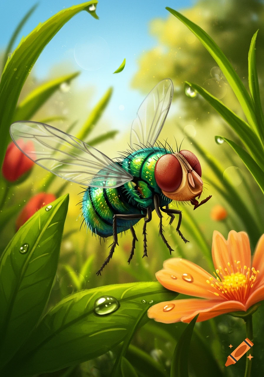 Vibrant cartoon-style green fly with large red eyes flying amidst dewy grass and an orange flower in a bright natural setting.