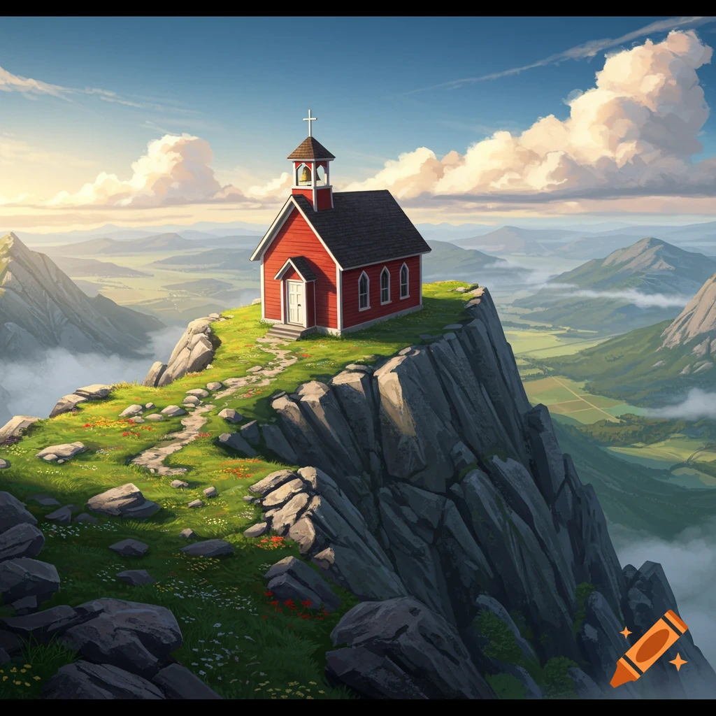 A small red church with a bell tower on a grassy, rocky mountain peak, overlooking a vast green valley under a blue sky with white clouds.