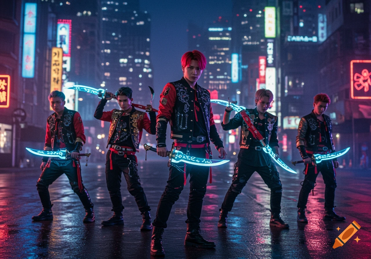 Five men in elaborate dark and red outfits hold glowing blue swords on a wet city street at night, surrounded by neon signs.