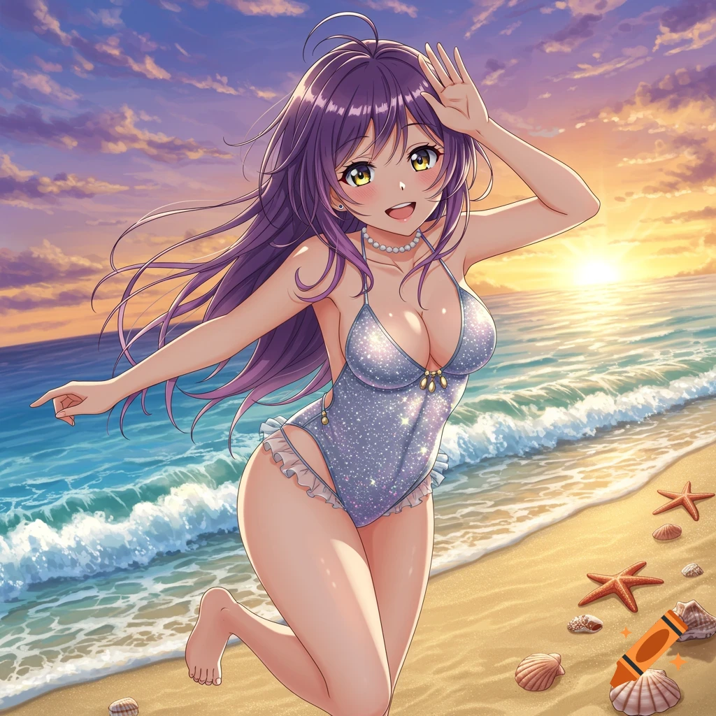 Anime girl with purple hair in a sparkly swimsuit on a sunny beach at sunset.
