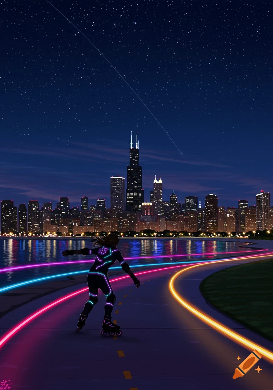A person rollerblading on a path with neon light trails, facing a glowing Chicago skyline at night under a starry sky.