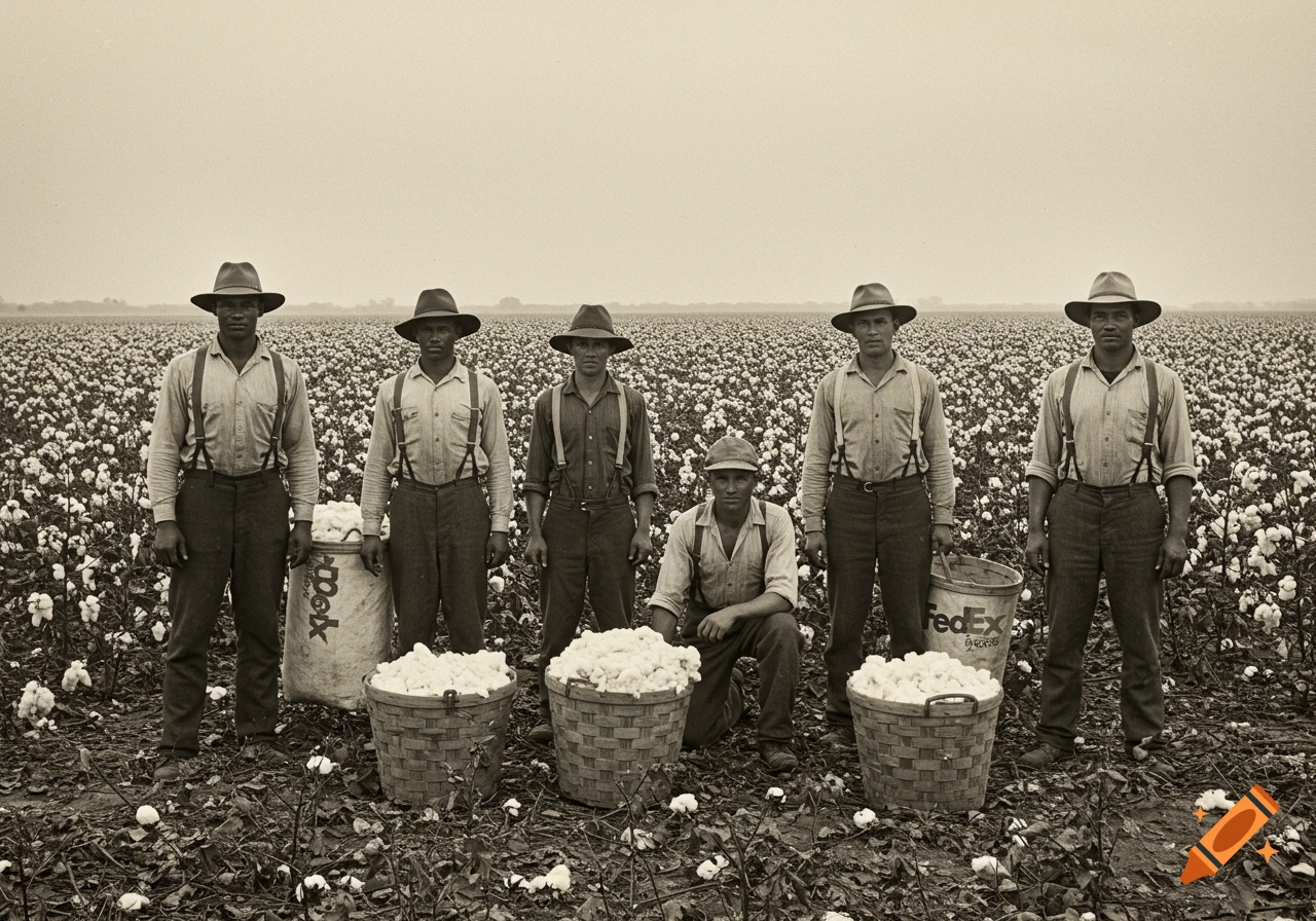 Six men in hats and suspenders stand with cotton-filled baskets and FedEx branded bags in a vast sepia-toned cotton field.