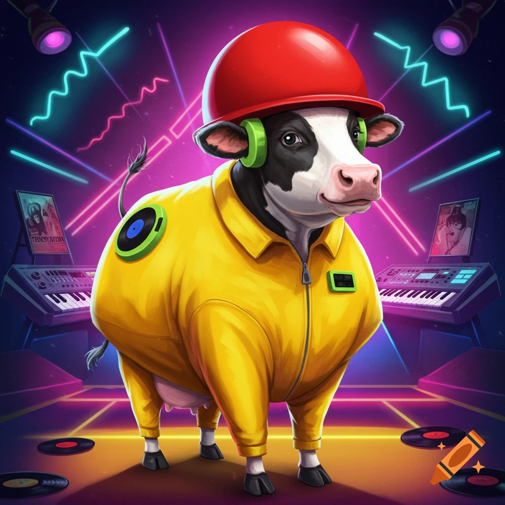 A cow in a yellow jumpsuit, red helmet, and green headphones stands in a neon synthwave music studio with keyboards and vinyl records.
