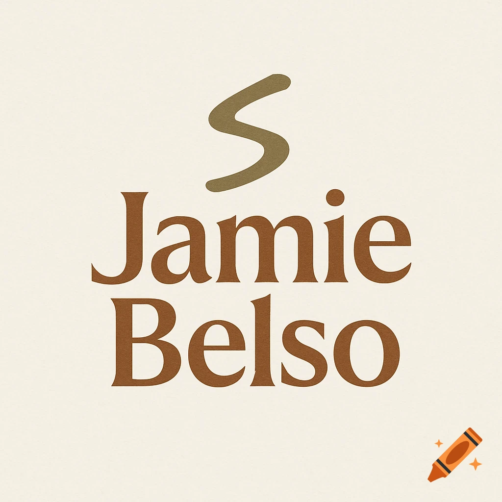 A modern, minimal logo featuring the name 'Jamie Belso' in a brown serif font, beneath a stylized dark green 'S' on a cream background.