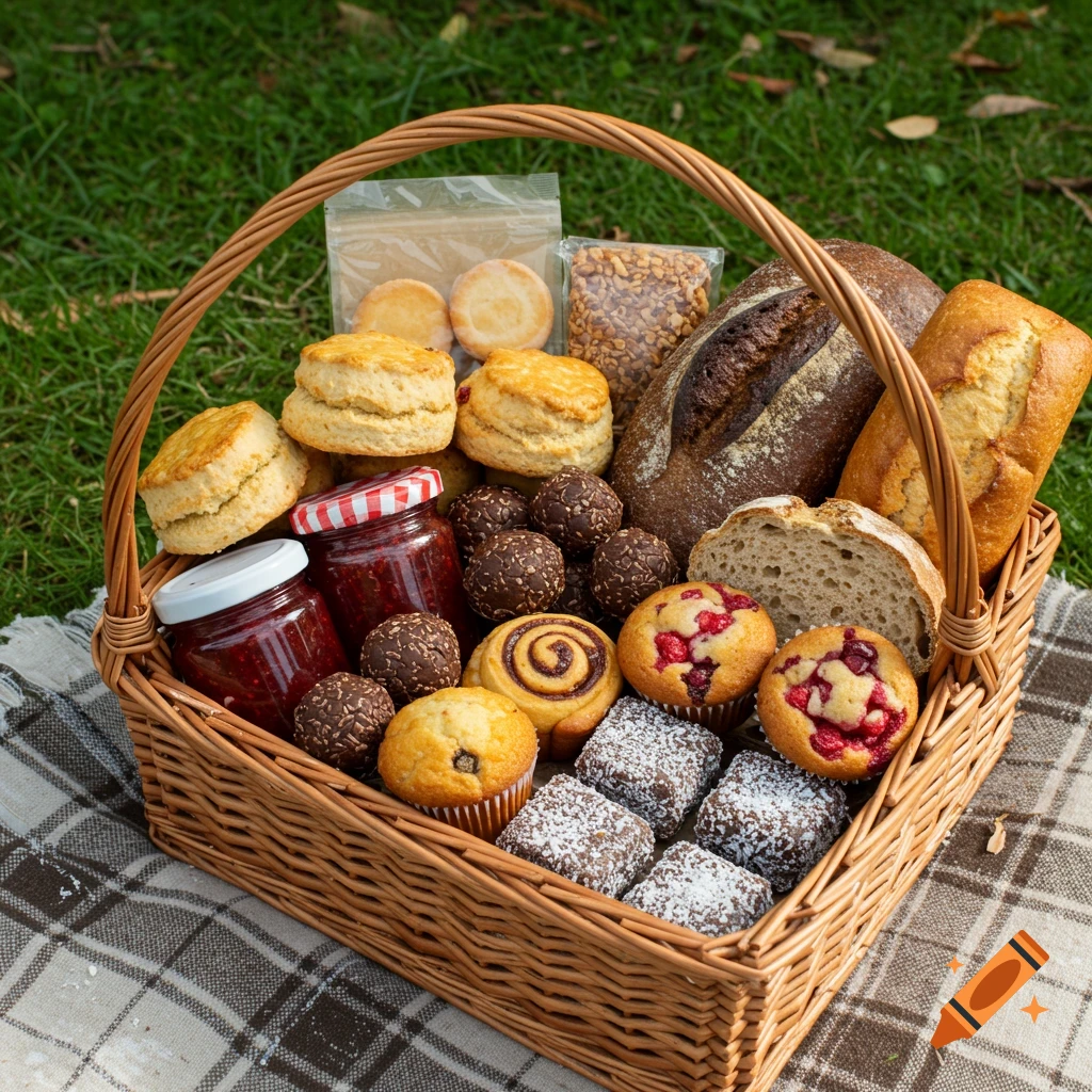 A close-up of a cane picnic basket filled with scones, jams, breads, muffins, chocolate balls, and cakes on a checkered blanket in grass.