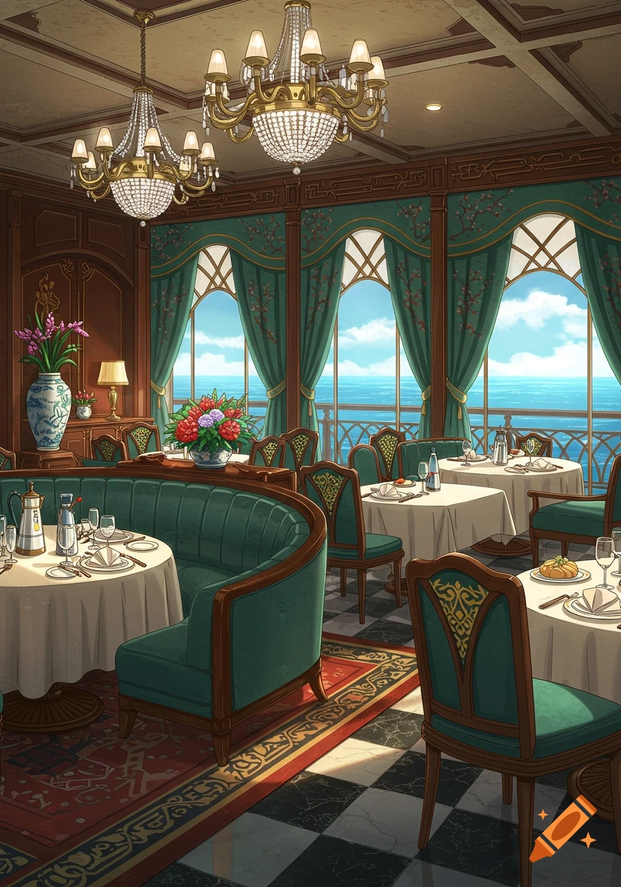 A luxurious 1930s ship dining room with green furniture, chandeliers, and large arched windows showing the ocean, in anime art deco style.