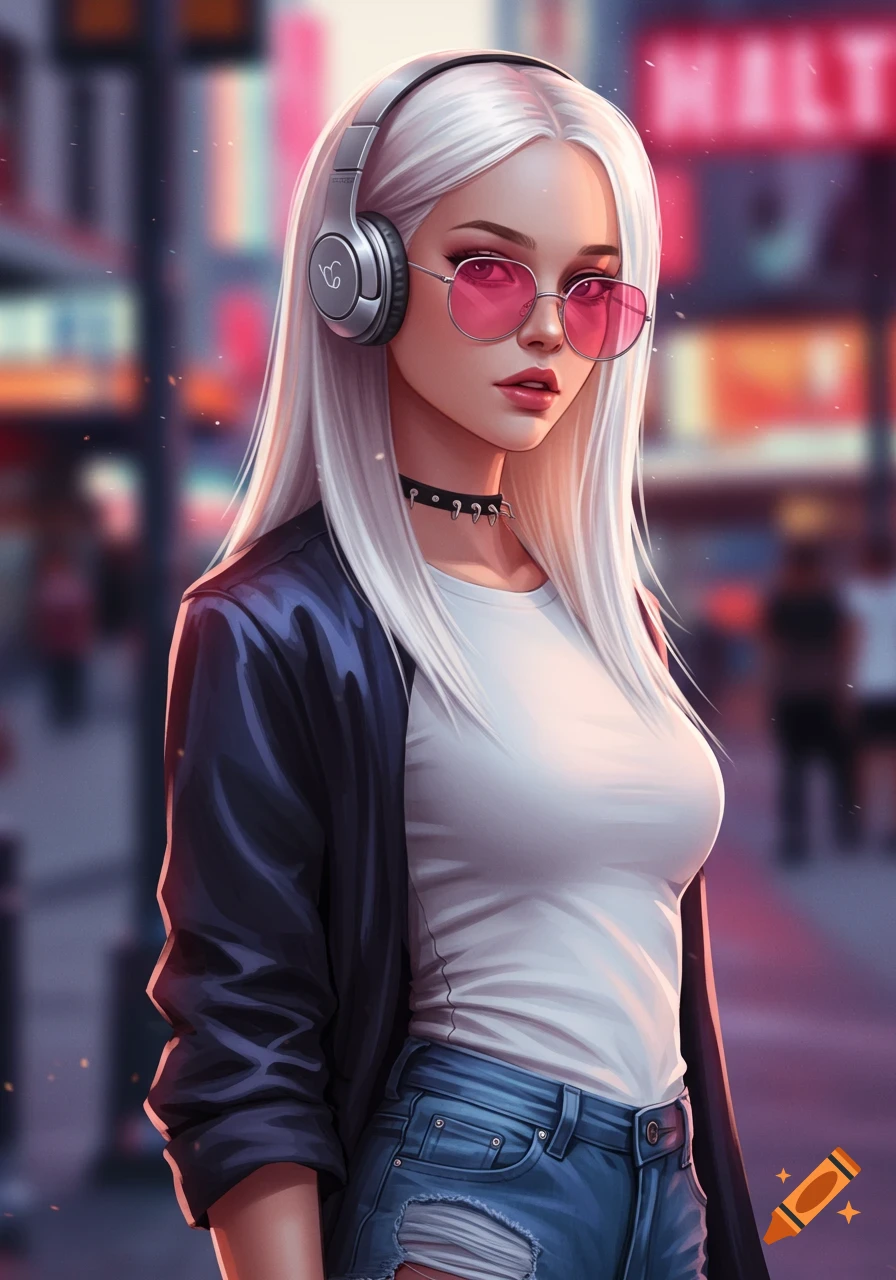 An anime-style girl with long white hair, pink sunglasses, and silver headphones stands in a vibrant urban setting.
