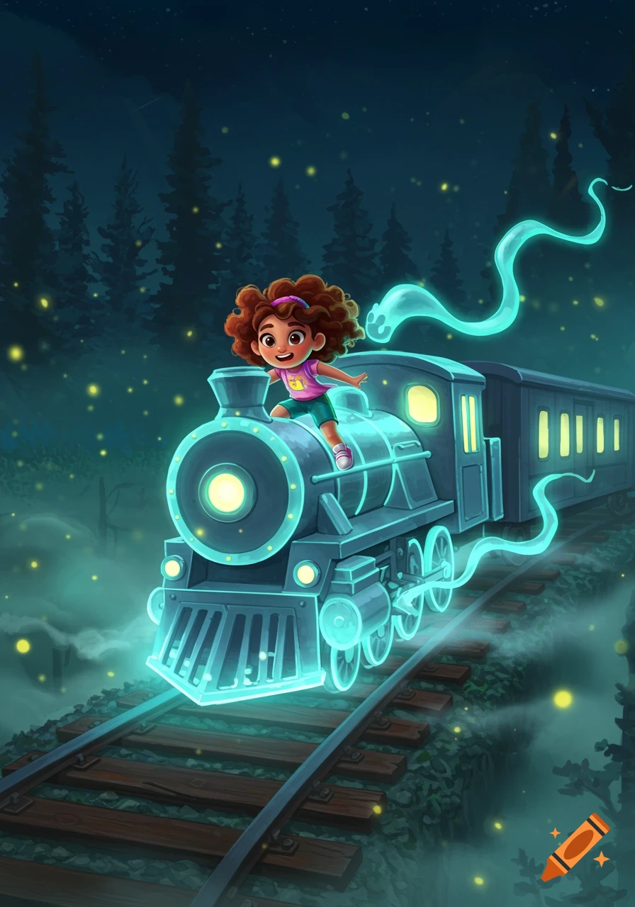A cartoon illustration of a joyful girl riding a glowing blue ghost train through a dark, magical forest at night with fireflies.