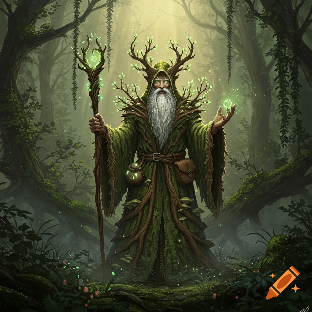 A wise old woodsy wizard in a green leafy robe stands in a mystical forest, holding a staff and glowing orb.