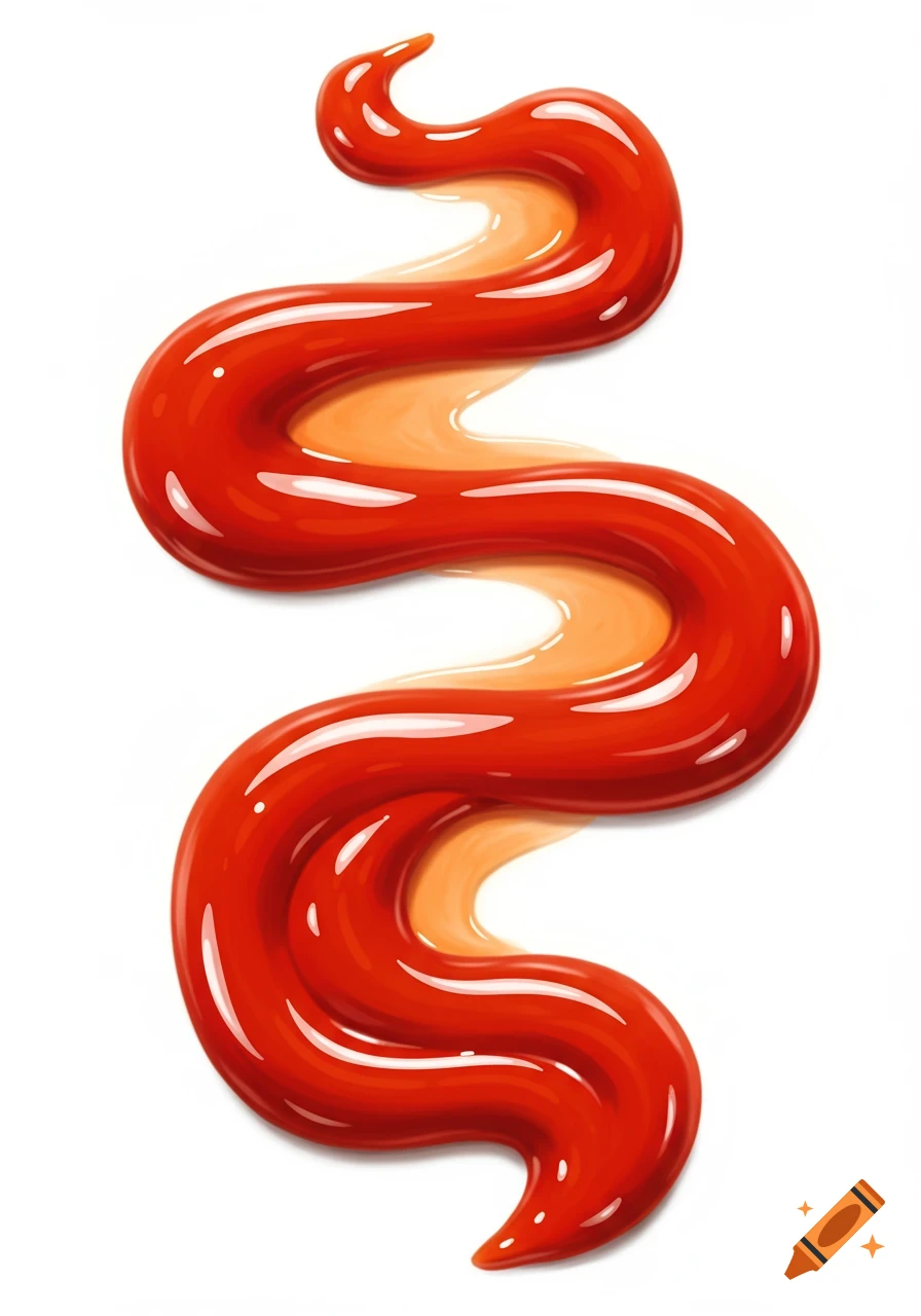 A wavy, glossy streak of bright red sauce, like ketchup, on a white background.