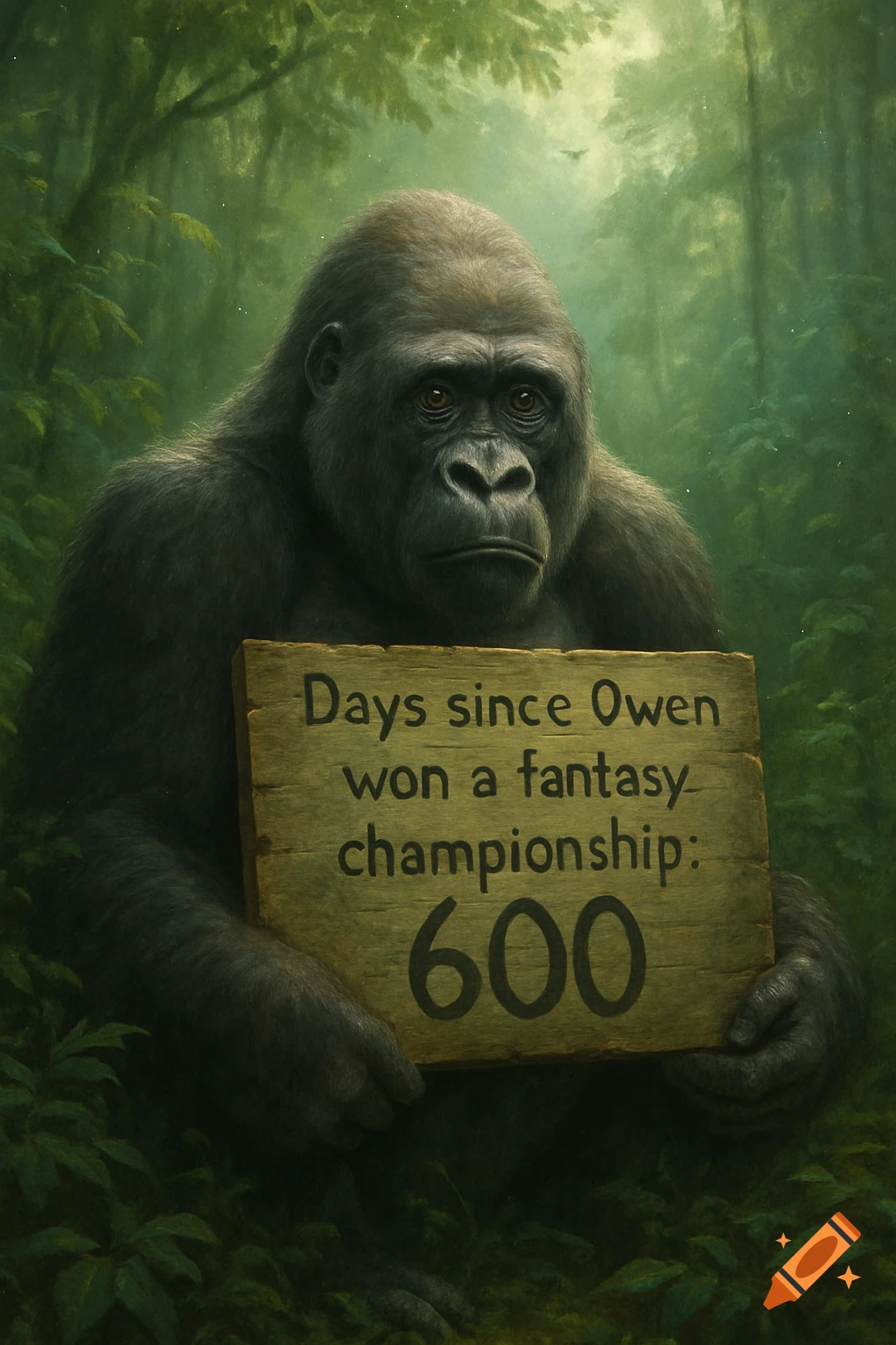 A sad gorilla holding a wooden sign that reads "Days since Owen won a fantasy championship: 600" in a lush green jungle.