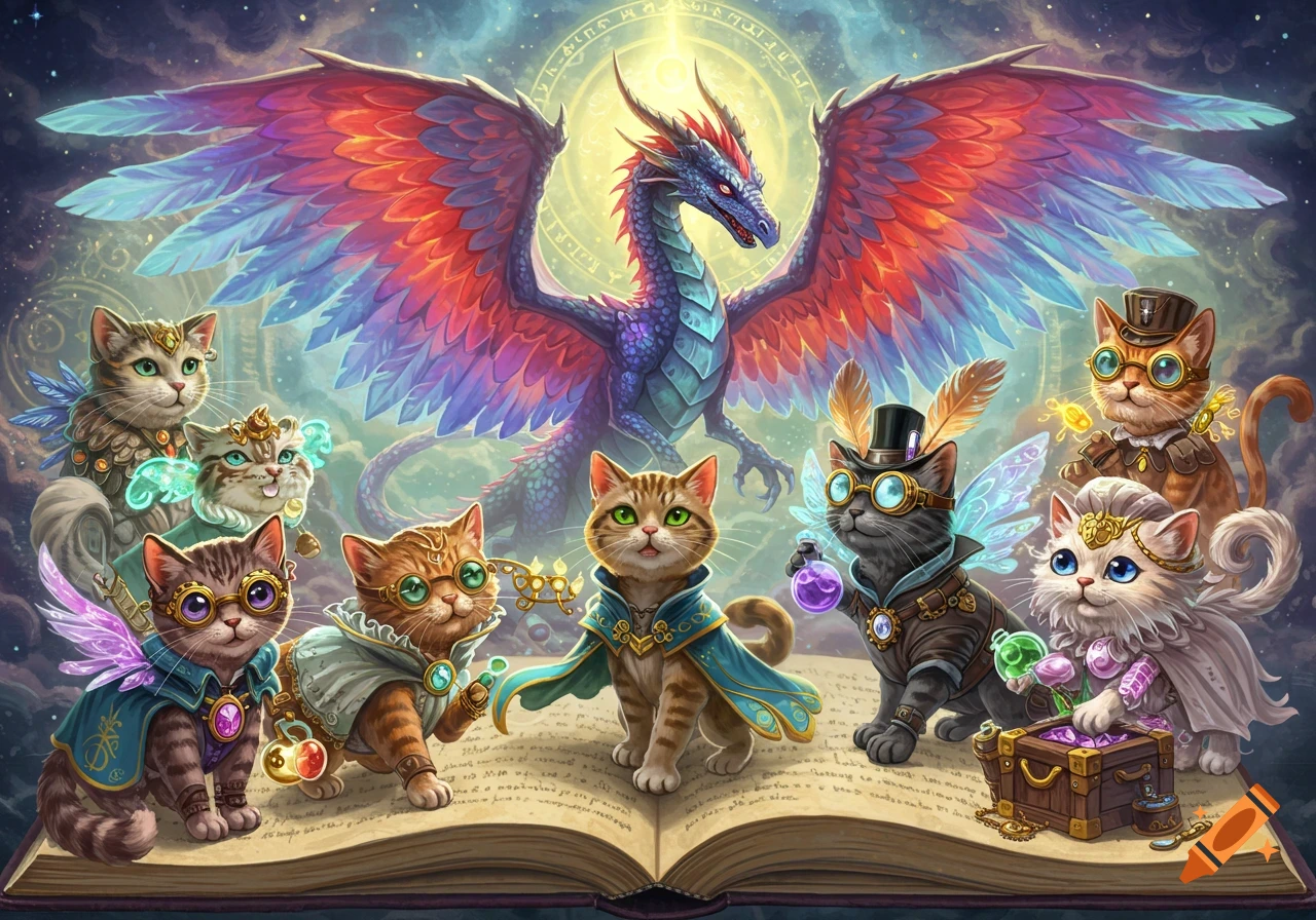 Colorful fantasy art of anthropomorphic cats in magical attire around an open book, with a large dragon in the background under a starry sky.