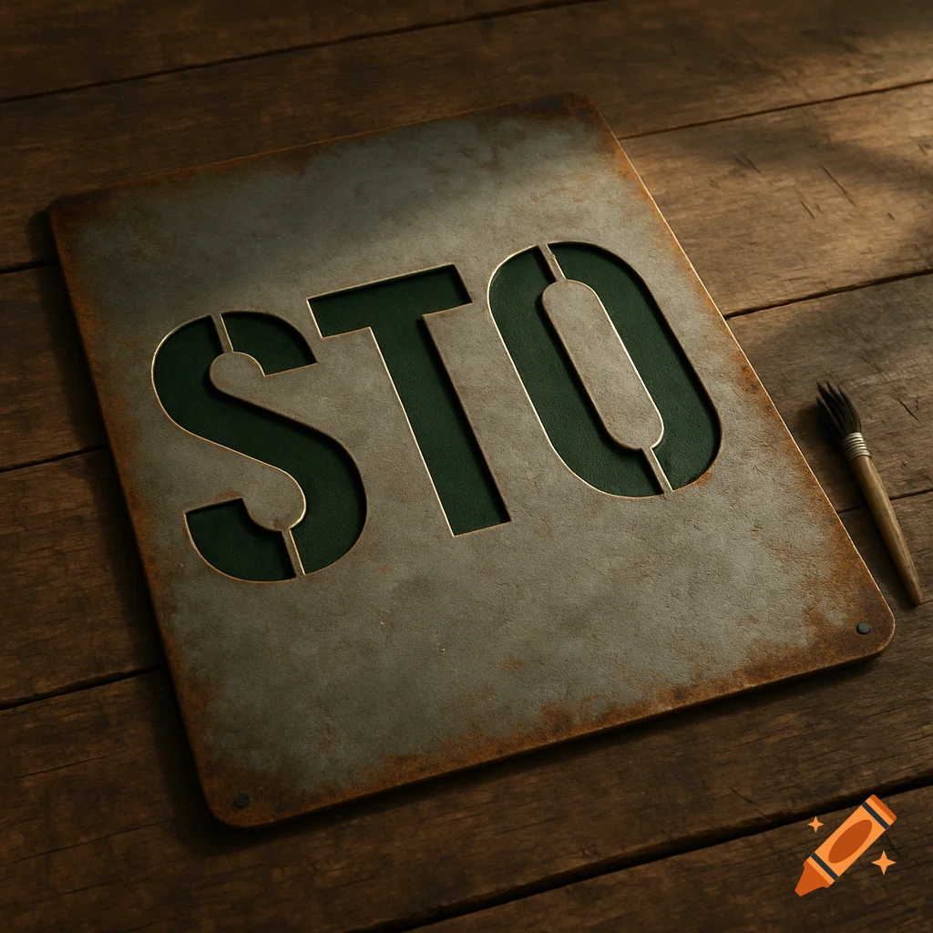 A rusted metal stencil with the letters 'STO' on a dark wooden surface next to a small brush.
