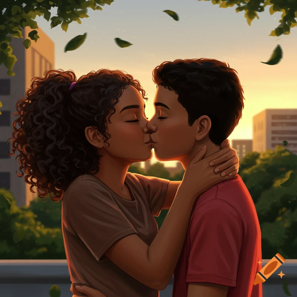 An illustrated teen couple with brown skin kissing during sunset, with the girl in a brown shirt and the boy in a red shirt.