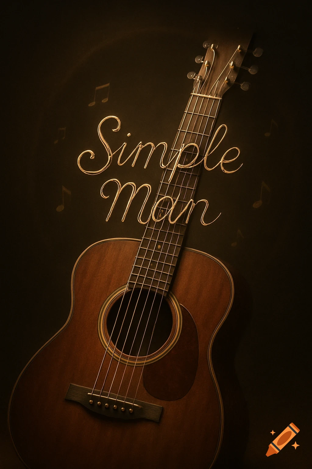 A stylized acoustic guitar with glowing, cursive text "Simple man" and musical notes floating around it, all against a dark background.