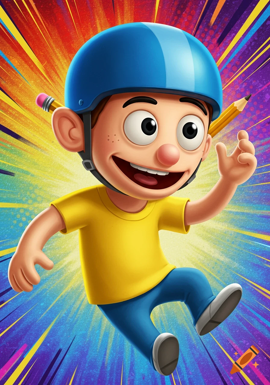 A vibrant cartoon illustration of an excited boy in a blue helmet and yellow shirt, running with a pencil behind his ear against a colorful, radiating background.