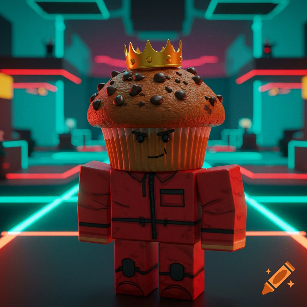 A whimsical king muffin character with a golden crown and chocolate chips, wearing a blocky red Roblox-style Squid Game jumpsuit in a neon-lit room.