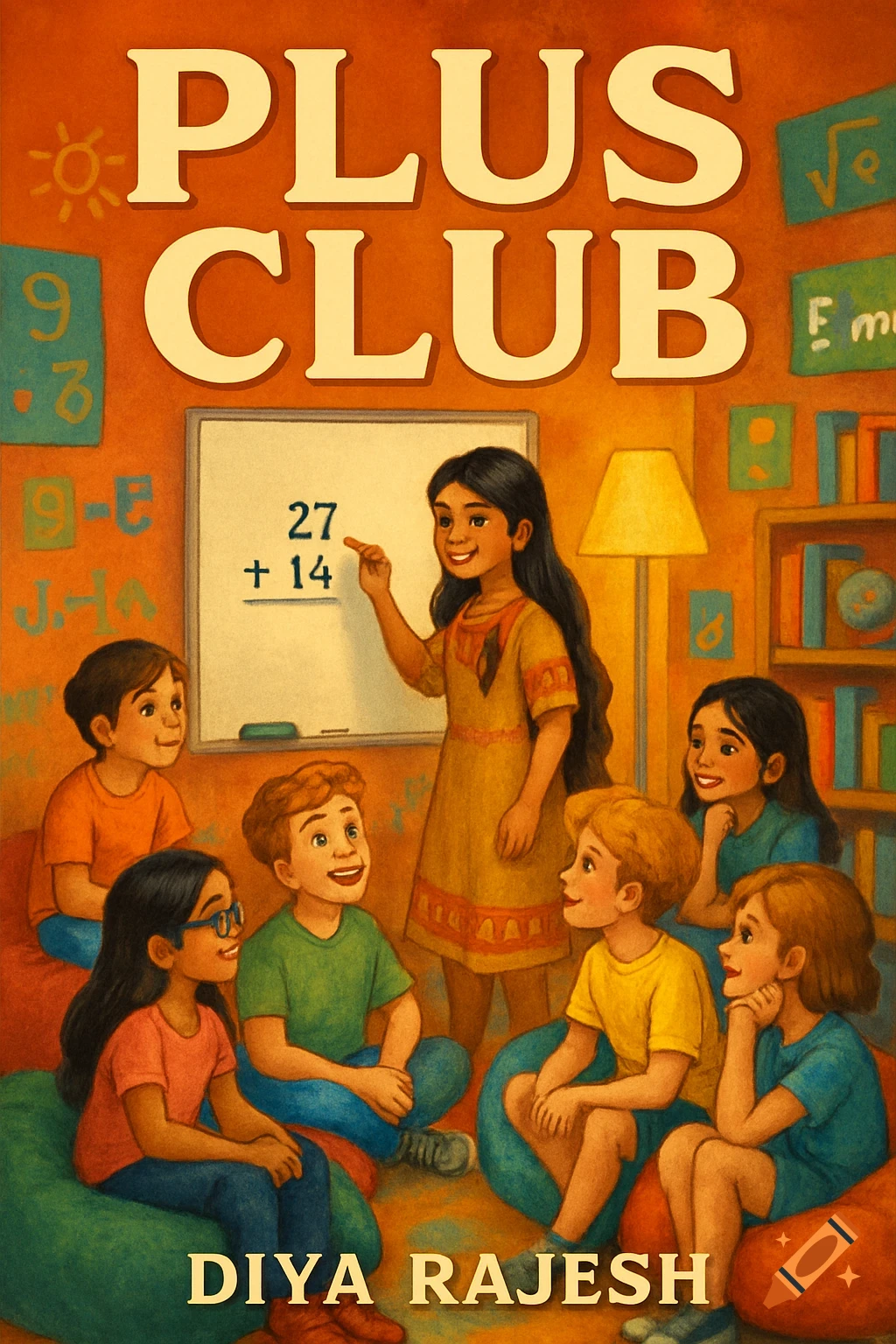 An illustrated children's book cover shows a girl teaching math on a whiteboard to five other kids sitting on beanbags. Text reads "PLUS CLUB" and "DIYA RAJESH."