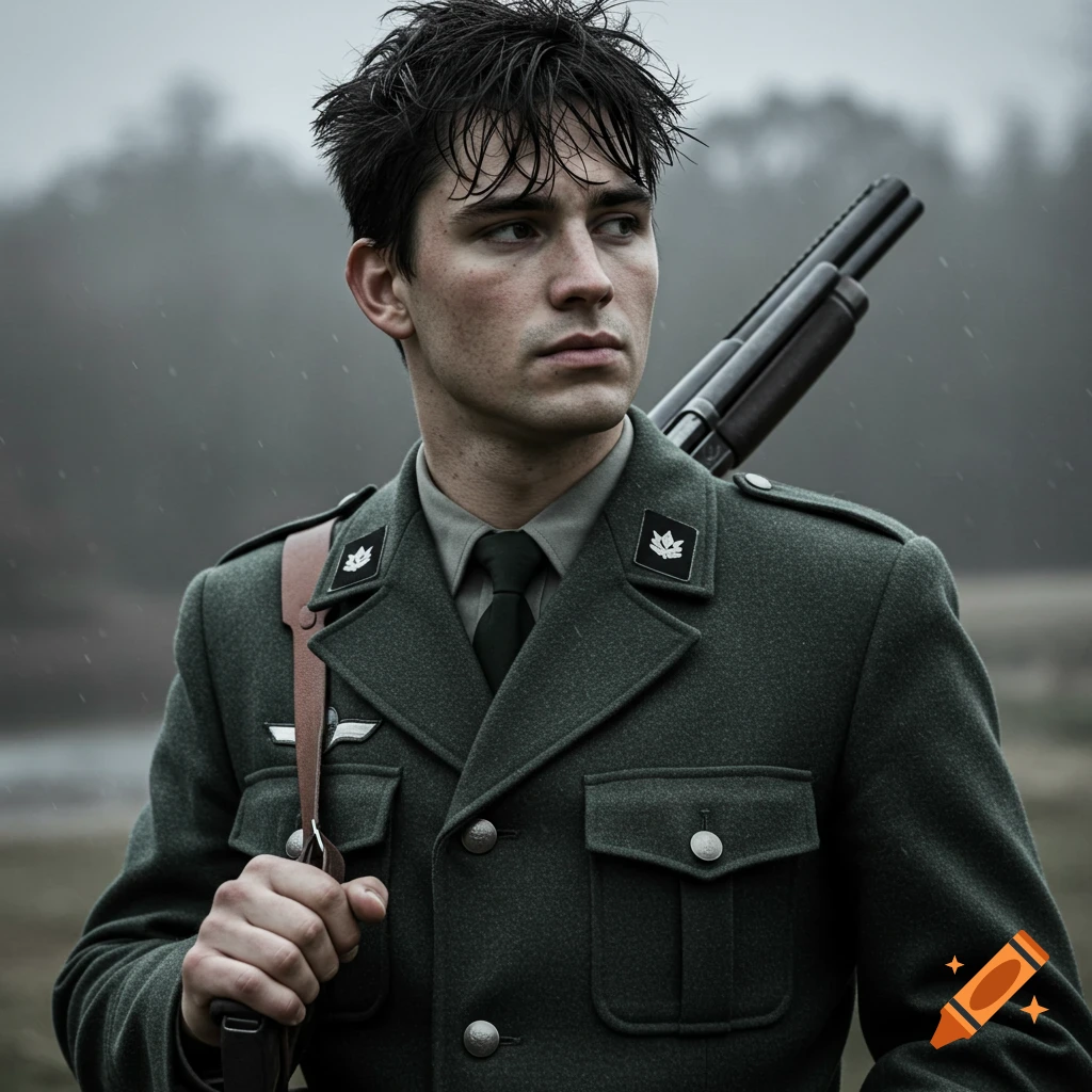 A young man in a dark green military uniform with a shotgun over his shoulder looks into the distance on a rainy, overcast day. Photorealistic style.