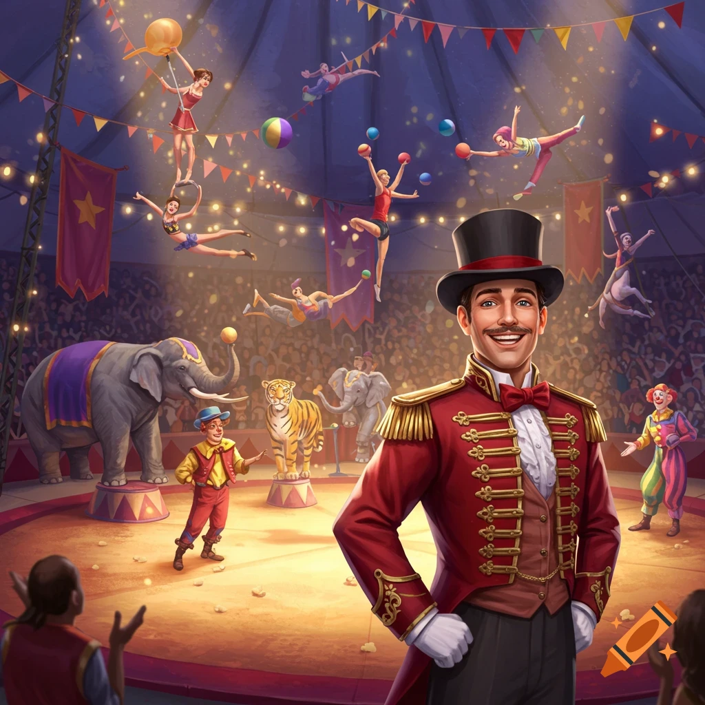 A colorful illustration of a smiling ringmaster in a circus tent with various performers, elephants, and a tiger.