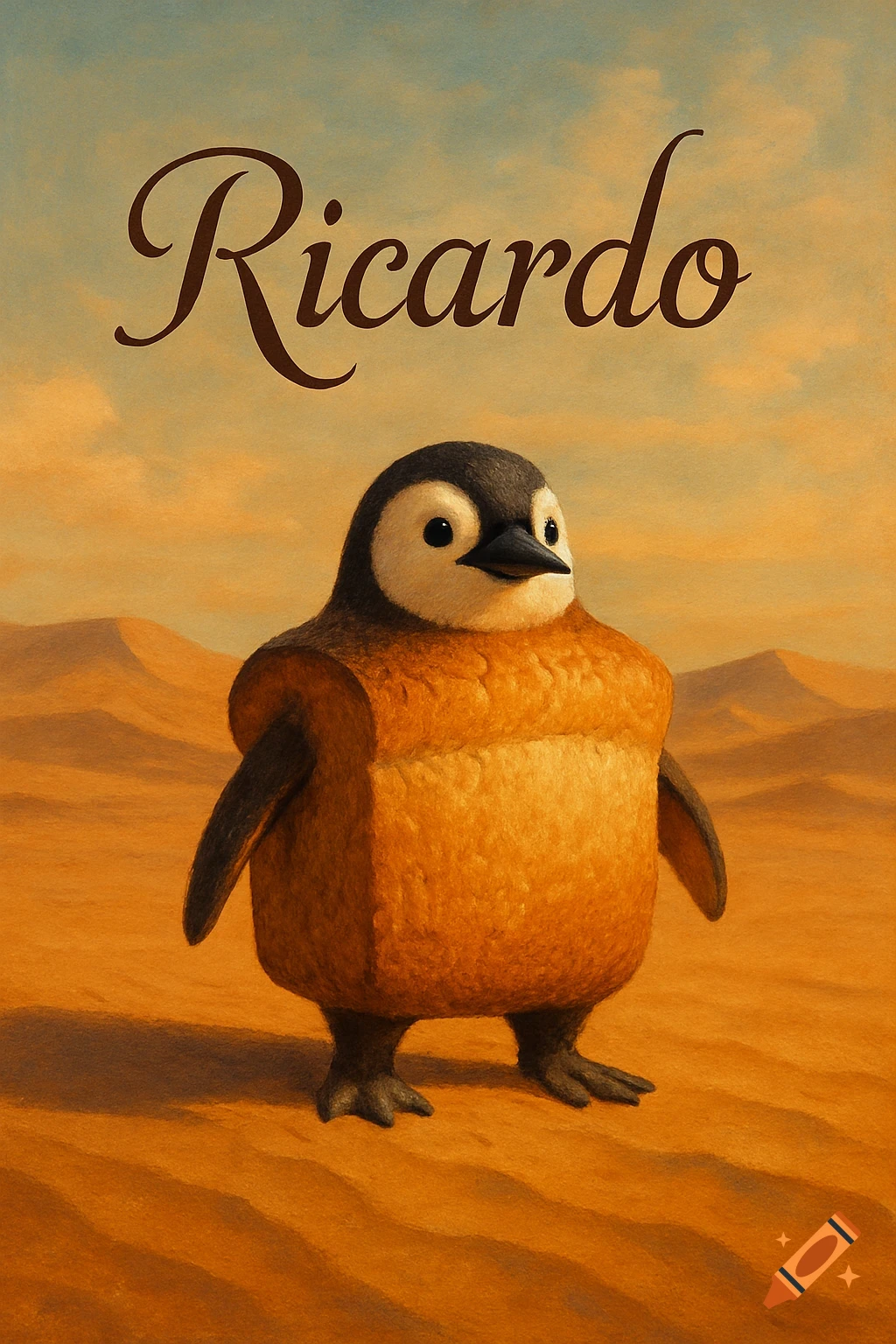 Painting of a fluffy bread-bodied penguin named Ricardo standing in a vast desert under a clear sky.