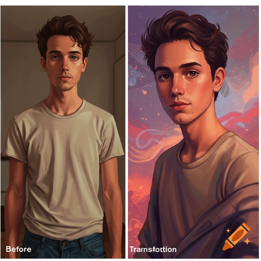 A split image showing a young man before and after a stylized transformation, rendered in a digital art style.
