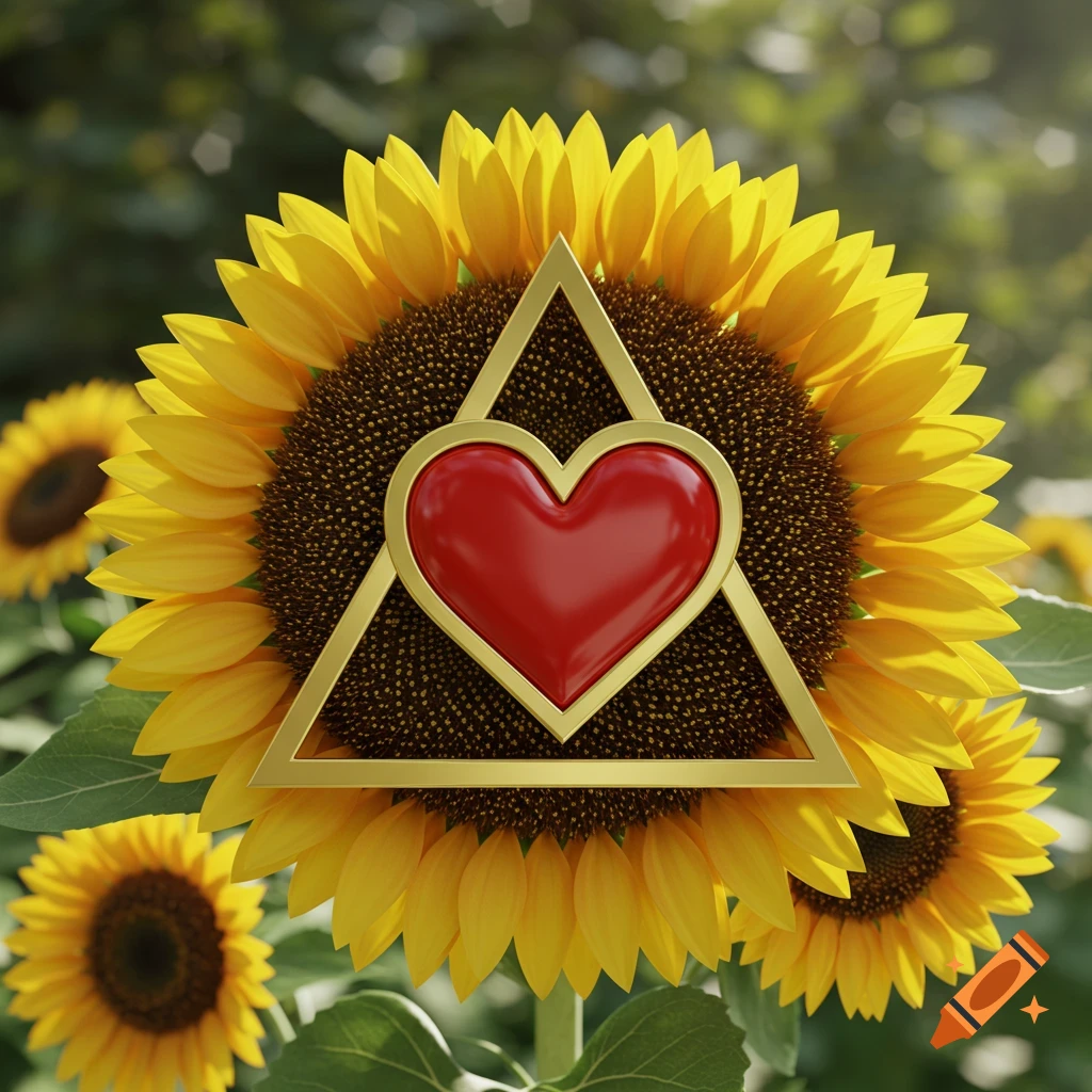 A vibrant sunflower with a golden triangle and red heart symbol centered on it, set against a blurred green background.
