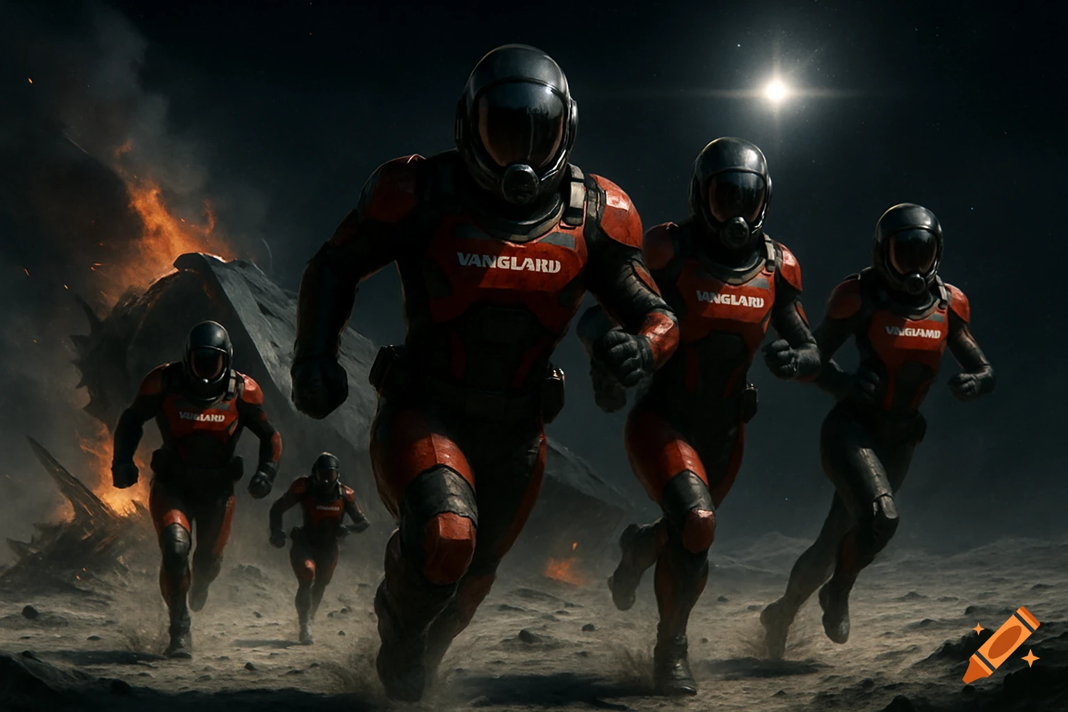 Five armored figures in red and black space suits run across a rocky, desolate landscape with a burning crashed spaceship in the background under a dark, starry sky.