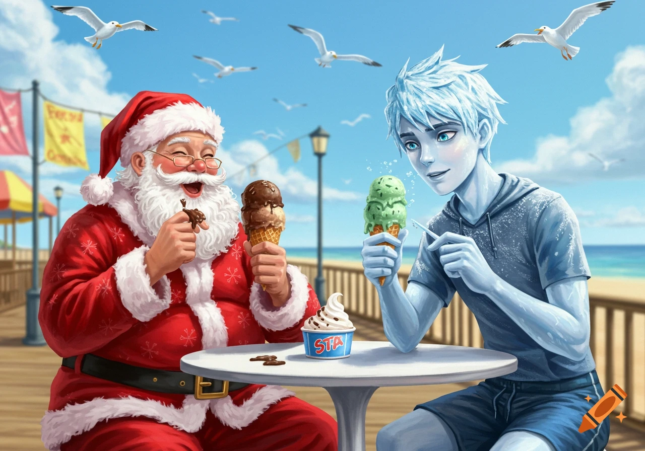 Santa Claus and Jack Frost sit at a table on a sunny boardwalk, enjoying ice cream cones with seagulls flying overhead.