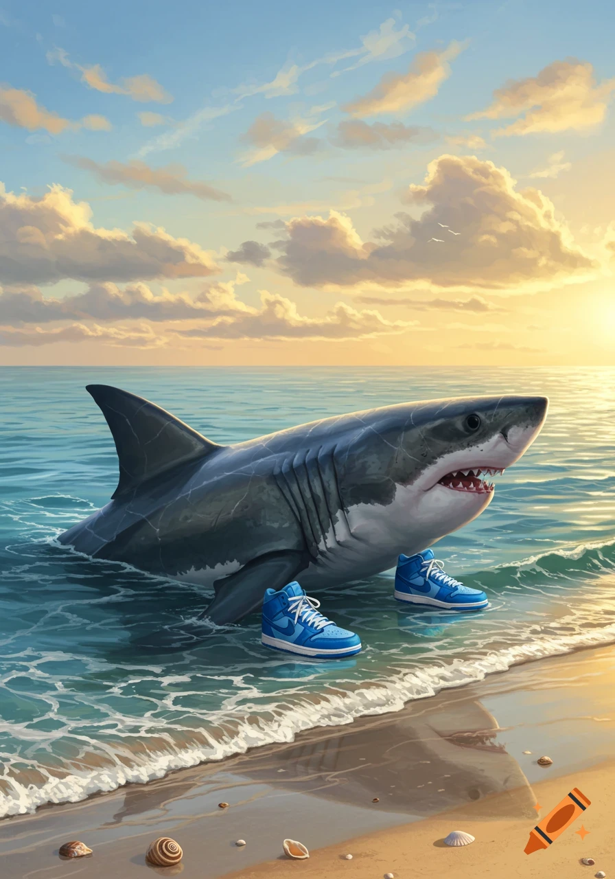 A great white shark stands in shallow ocean water at a beach during sunset, wearing blue sneakers.