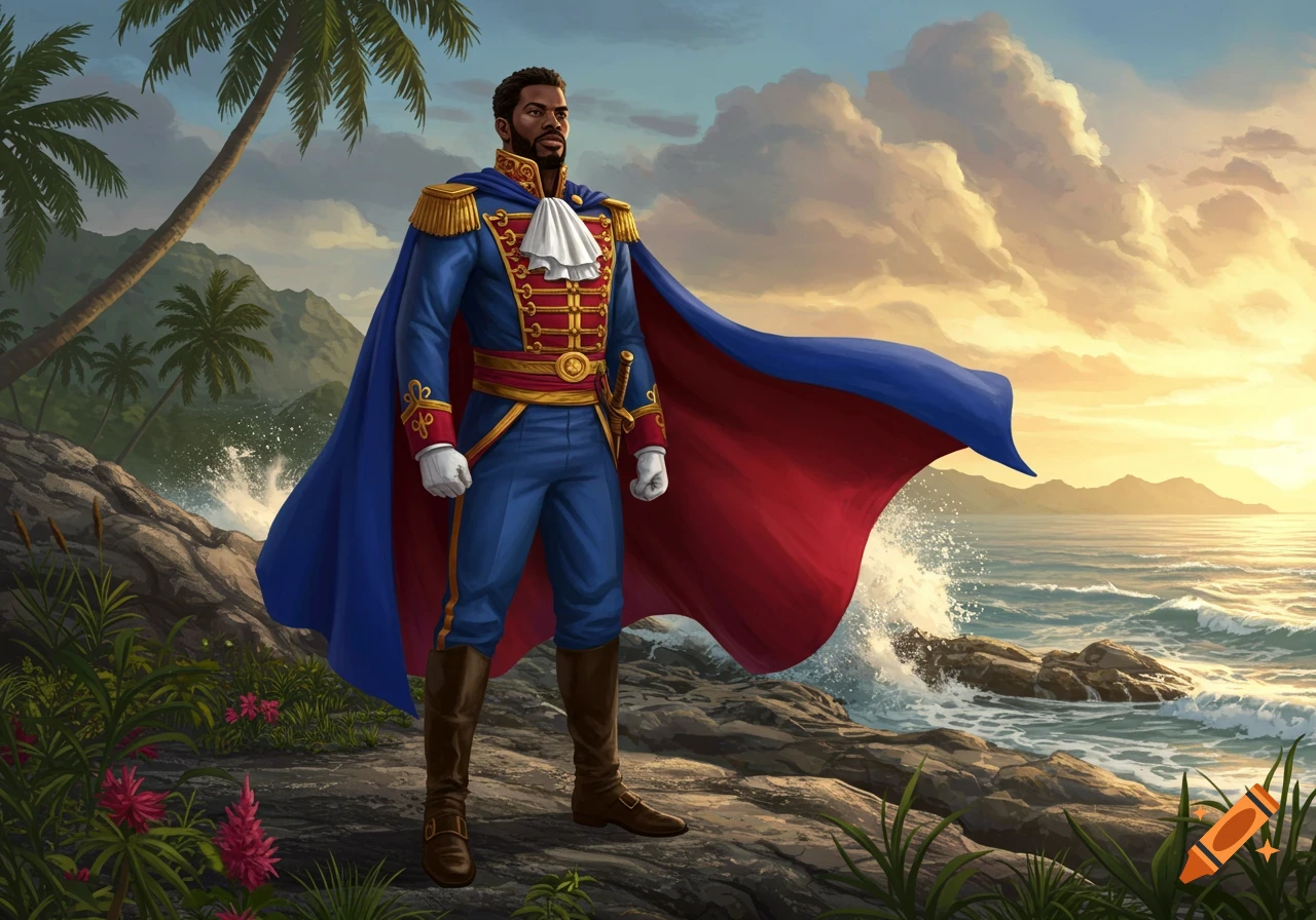 A heroic man in a blue and red military uniform and cape stands on a rocky tropical coastline at sunset, in an illustrative style.