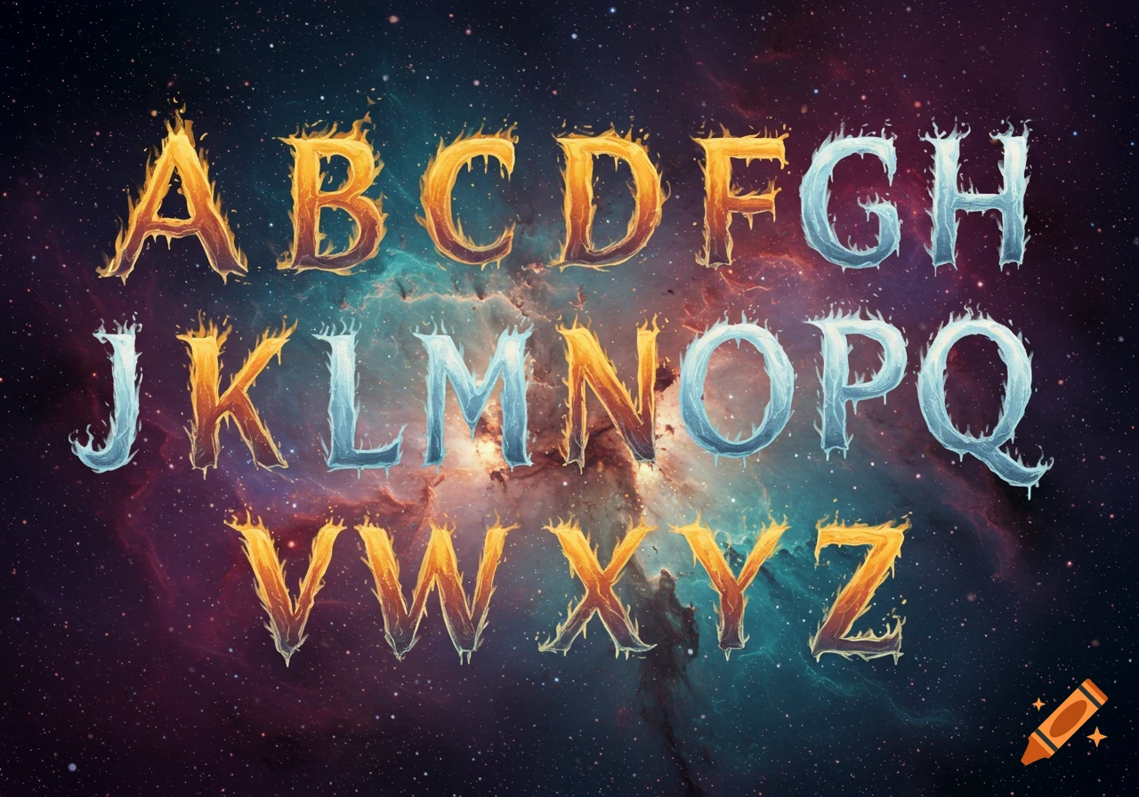 Fiery and icy alphabet letters A through Z floating in a galaxy background.