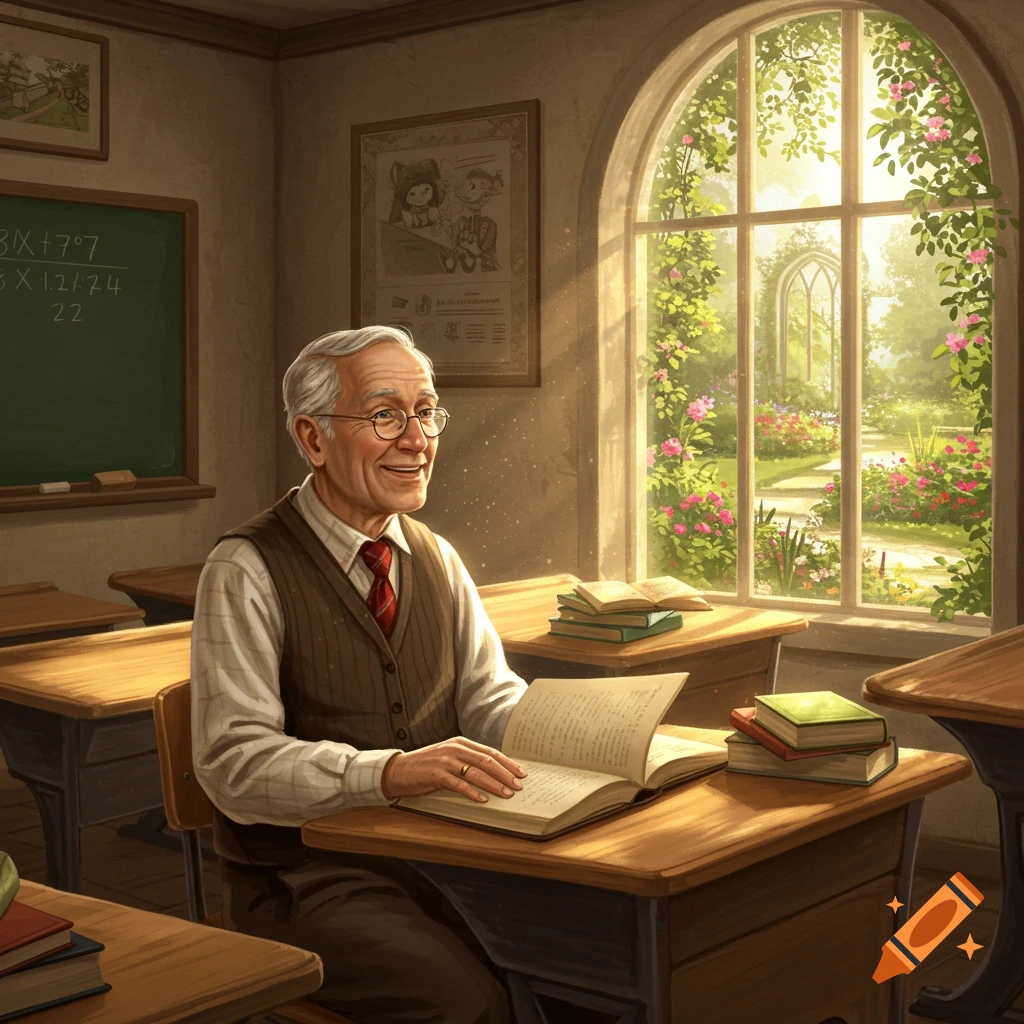 An old man in a classroom sits at a desk, smiling while looking out a large window at a lush garden, holding an open book.