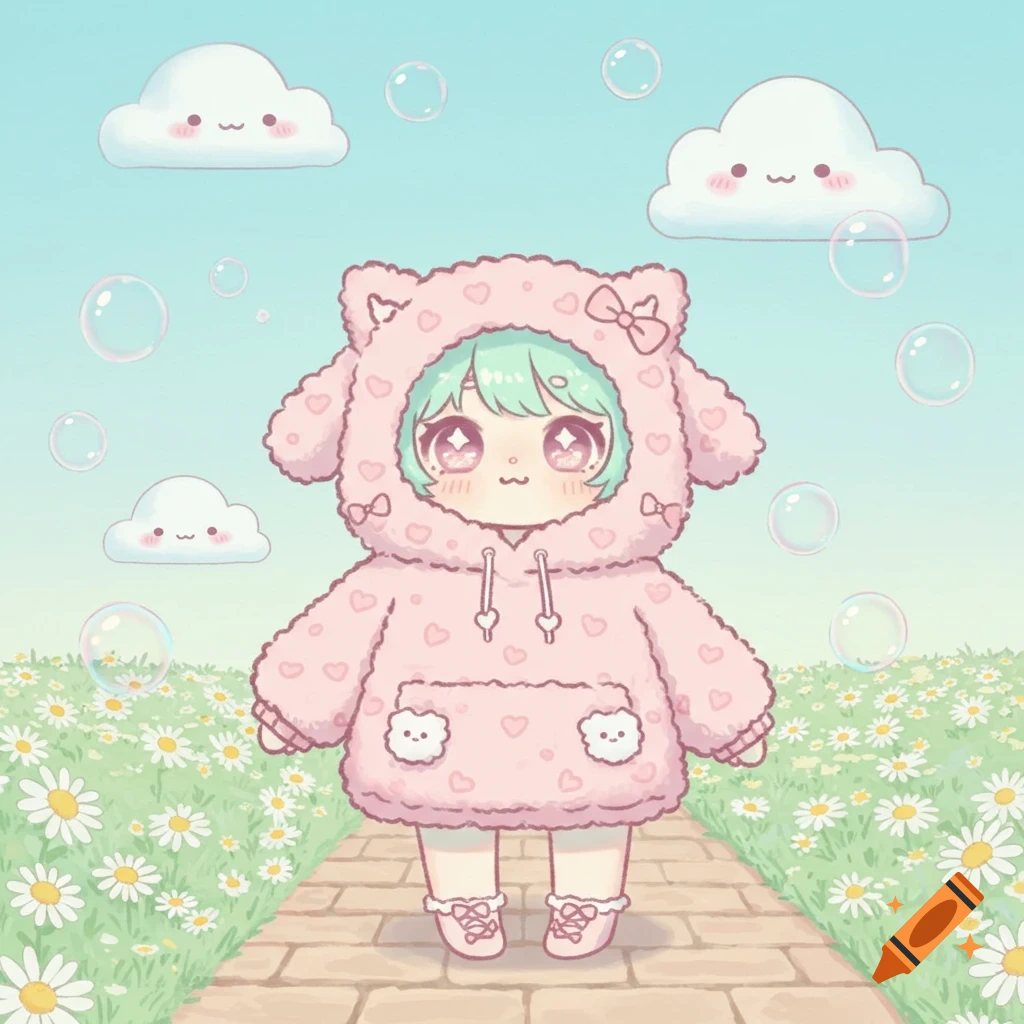 A kawaii chibi character in a pink cat-eared hoodie on a brick path surrounded by daisies, smiling clouds, and bubbles.
