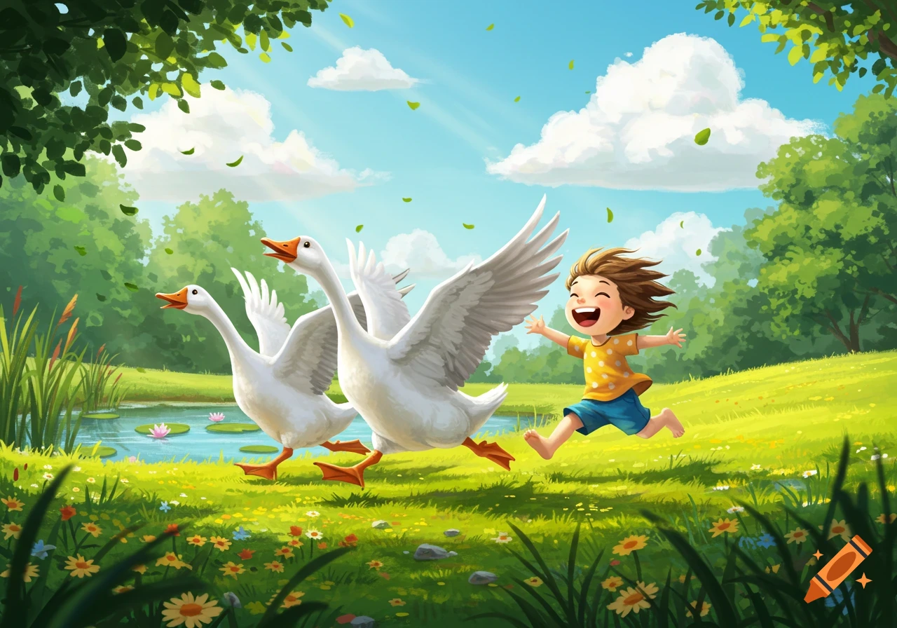A happy cartoon child runs through a sunny green field, playfully chased by two white geese near a pond.